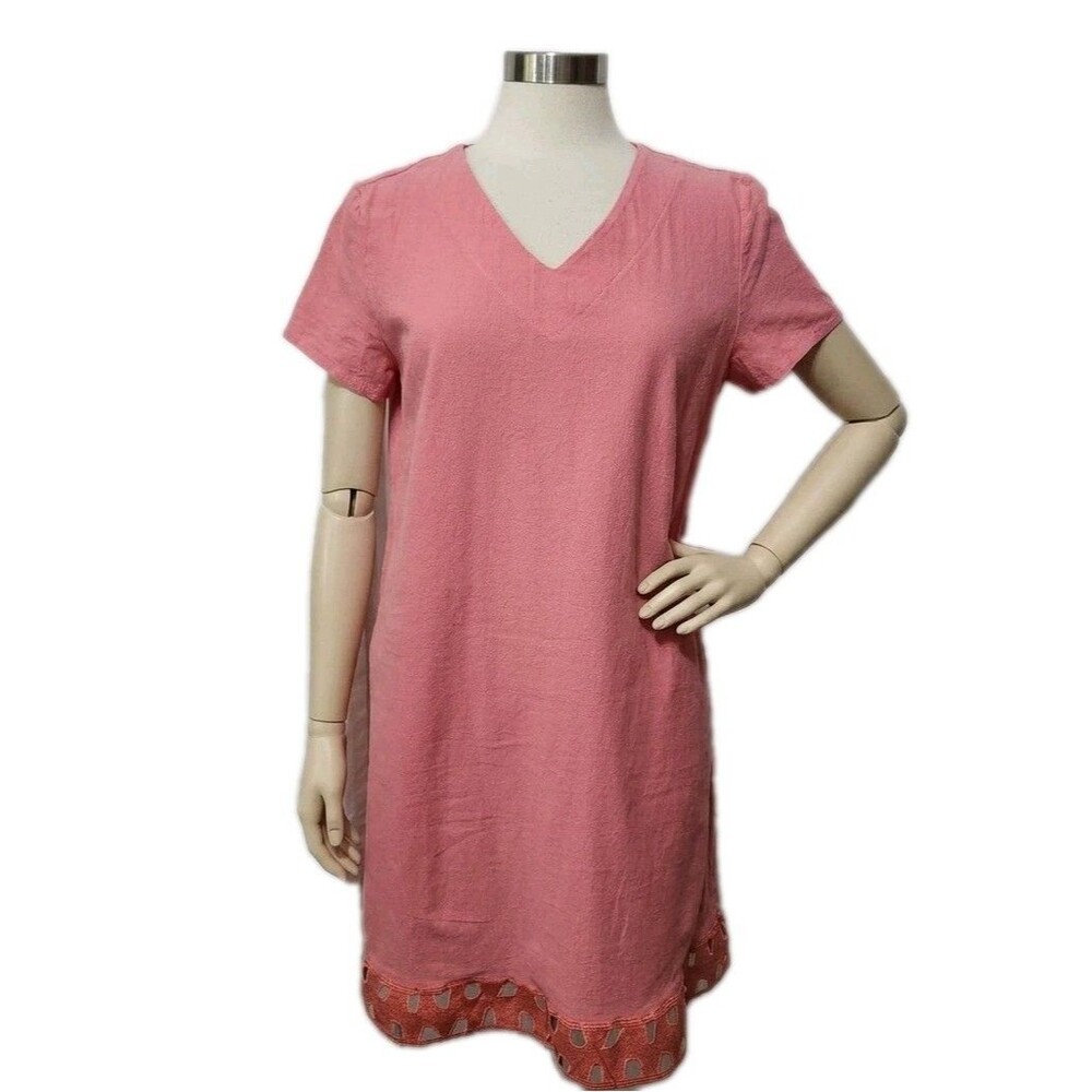 Mislook Dress LARGE Pink A-Line Cutout Trim Hem Pullover Short Sleeve V-Neck